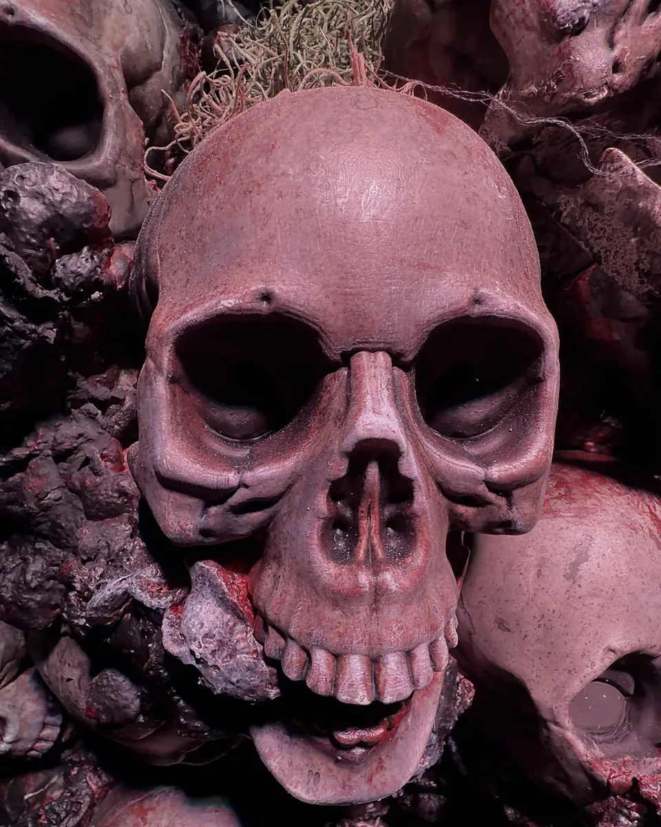 A grinning skull on a heap of skulls and moss